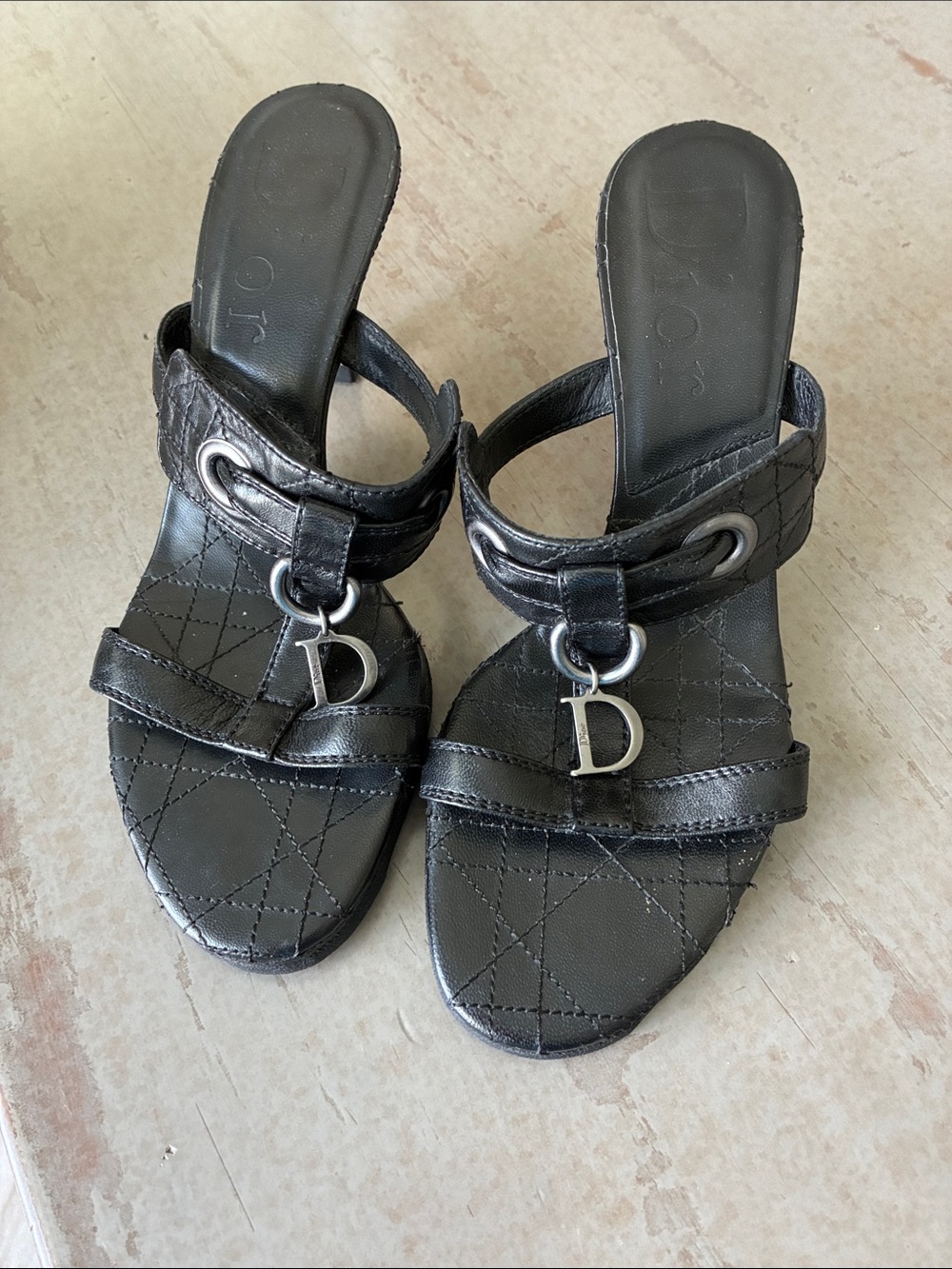 Dior Black Quilted Leather Slide Heels with Silver 'D' Charm Accents